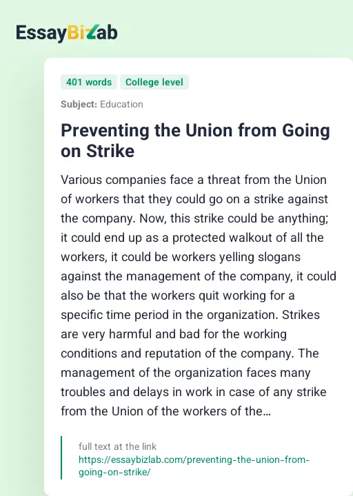 Preventing the Union from Going on Strike - Essay Preview