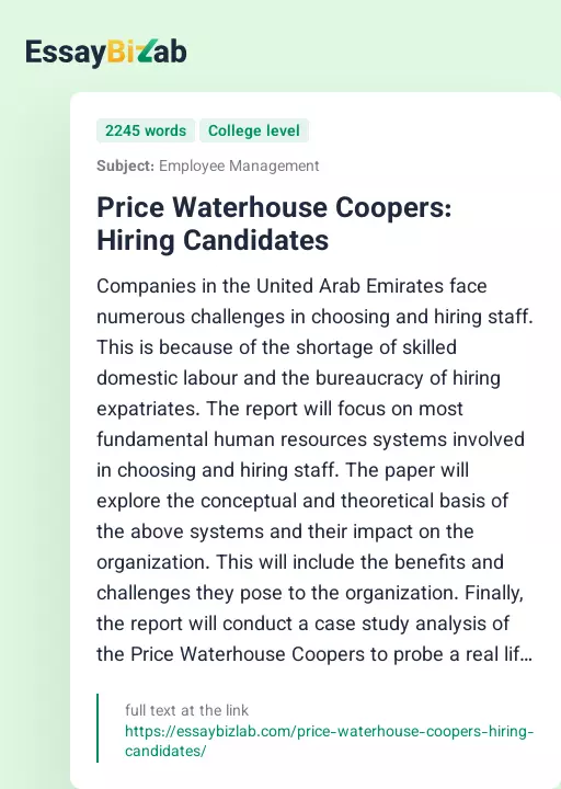 Price Waterhouse Coopers: Hiring Candidates - Essay Preview