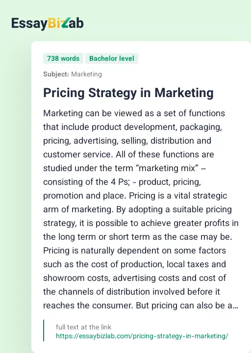 Pricing Strategy in Marketing - Essay Preview