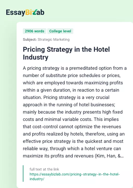 Pricing Strategy in the Hotel Industry - Essay Preview