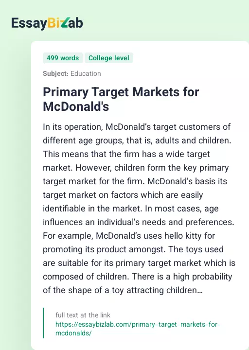 Primary Target Markets for McDonald's - Essay Preview