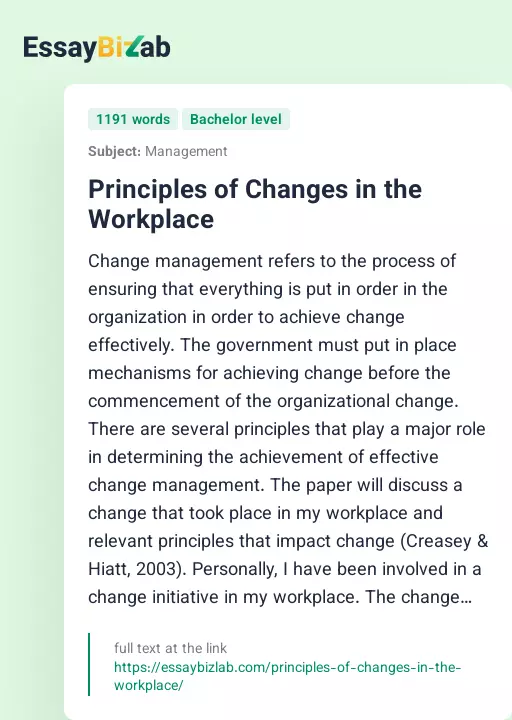 Principles of Changes in the Workplace - Essay Preview