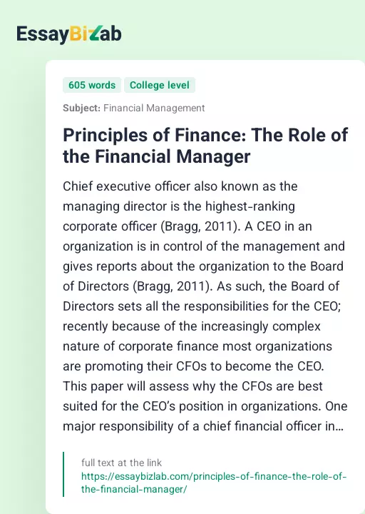 Principles of Finance: The Role of the Financial Manager - Essay Preview