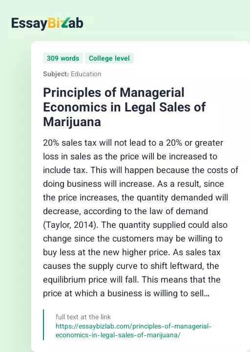 Principles of Managerial Economics in Legal Sales of Marijuana - Essay Preview