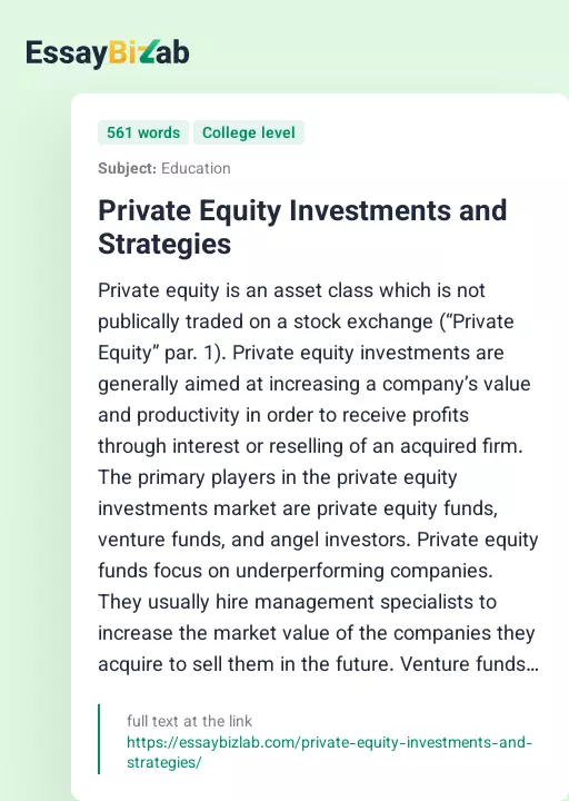 Private Equity Investments and Strategies - Essay Preview