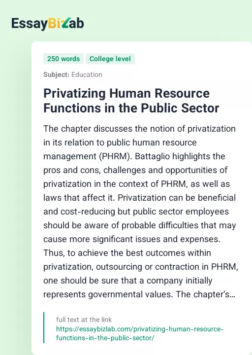 Privatizing Human Resource Functions in the Public Sector - Essay Preview