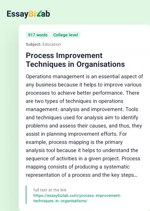 Process Improvement Techniques in Organisations - Essay Preview