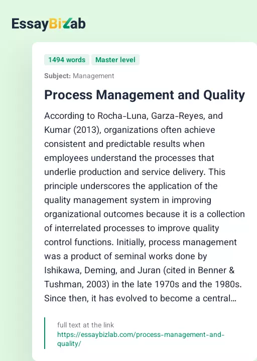 Process Management and Quality - Essay Preview