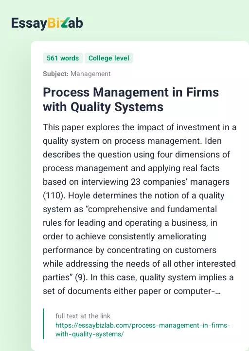 Process Management in Firms with Quality Systems - Essay Preview
