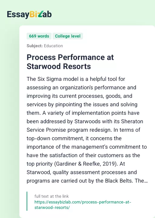 Process Performance at Starwood Resorts - Essay Preview