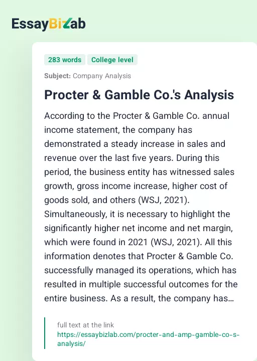 Procter & Gamble Co.'s Analysis - Essay Preview