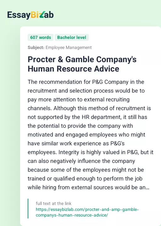 Procter & Gamble Company's Human Resource Advice - Essay Preview