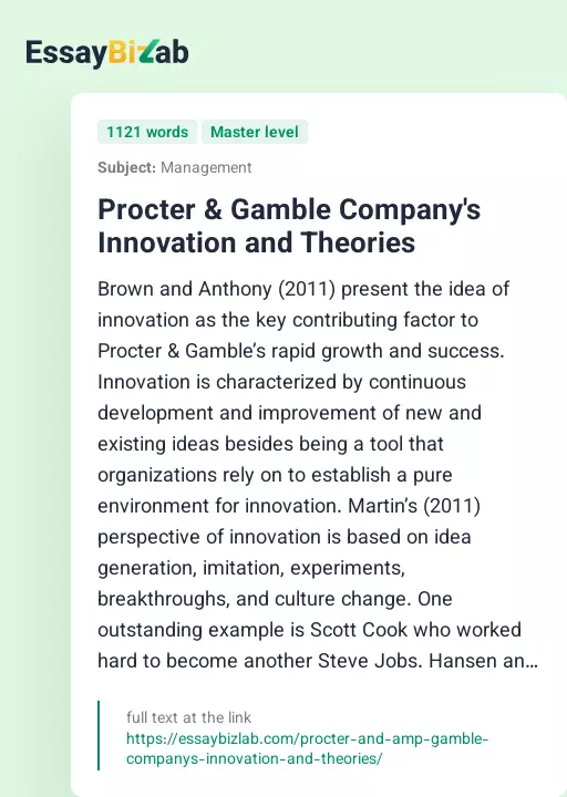 Procter & Gamble Company's Innovation and Theories - Essay Preview