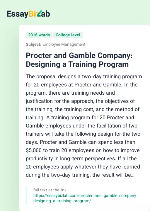Procter and Gamble Company: Designing a Training Program - Essay Preview