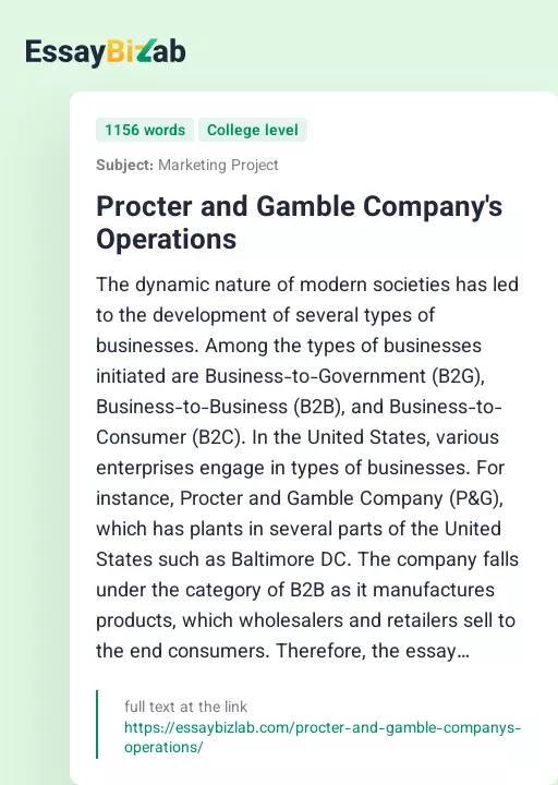 Procter and Gamble Company's Operations - Essay Preview