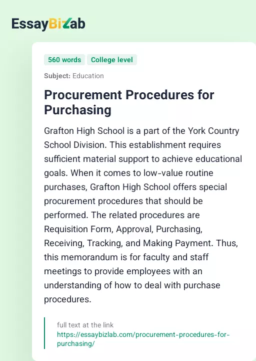 Procurement Procedures for Purchasing - Essay Preview