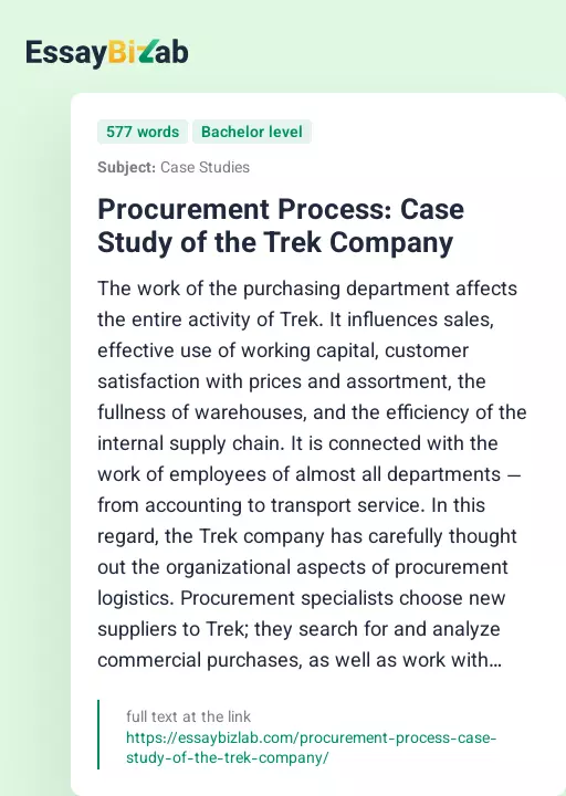 Procurement Process: Case Study of the Trek Company - Essay Preview