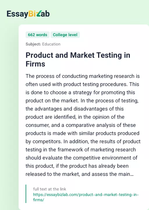 Product and Market Testing in Firms - Essay Preview