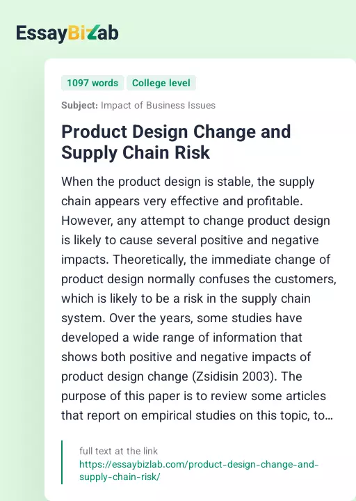 Product Design Change and Supply Chain Risk - Essay Preview