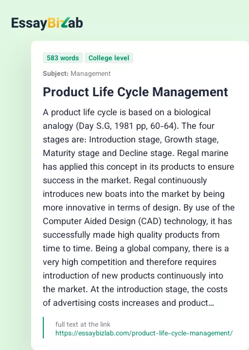 Product Life Cycle Management - Essay Preview