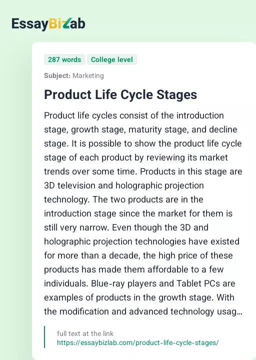 Product Life Cycle Stages - Essay Preview