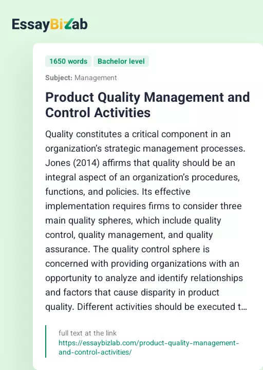 Product Quality Management and Control Activities - Essay Preview