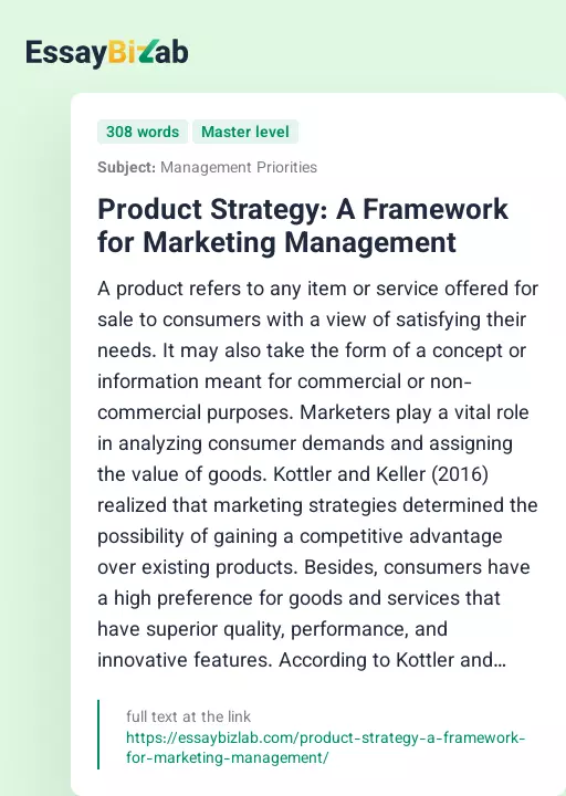 Product Strategy: A Framework for Marketing Management - Essay Preview