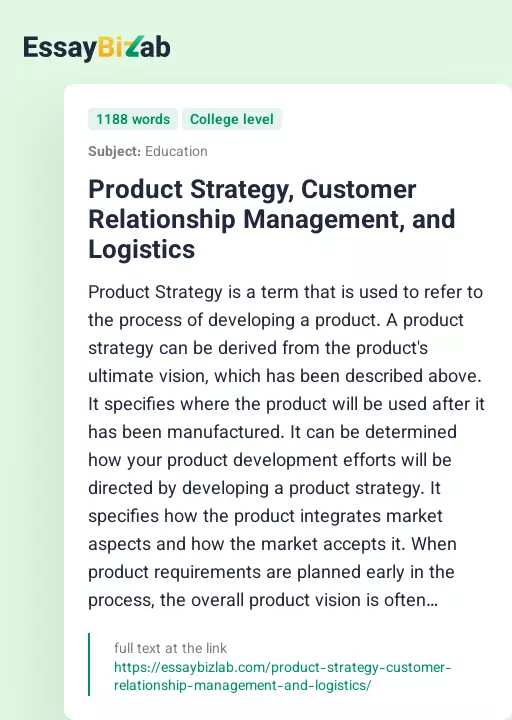 Product Strategy, Customer Relationship Management, and Logistics - Essay Preview