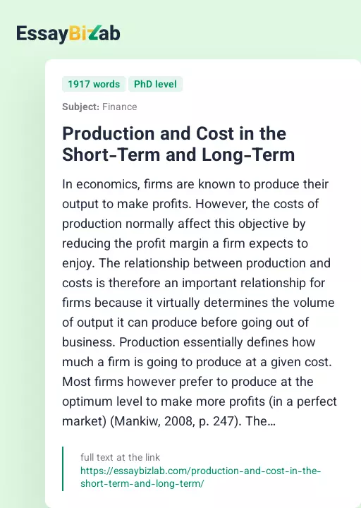Production and Cost in the Short-Term and Long-Term - Essay Preview