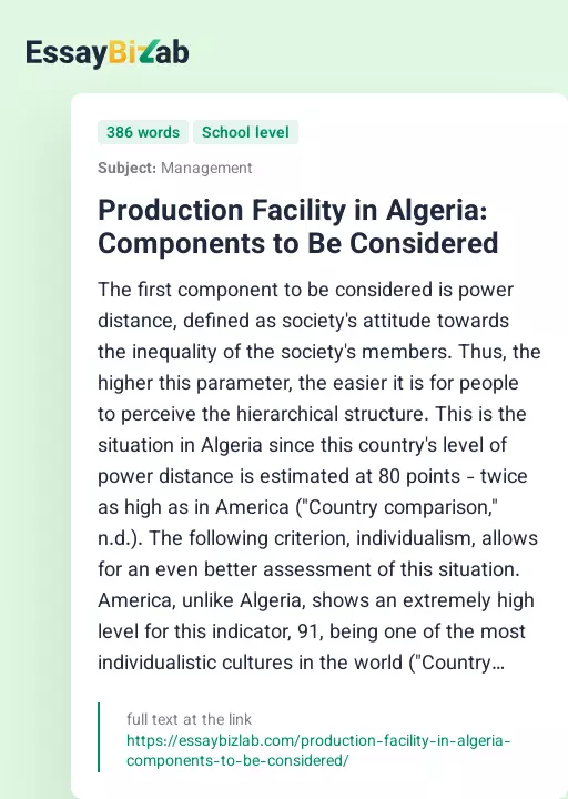 Production Facility in Algeria: Components to Be Considered - Essay Preview