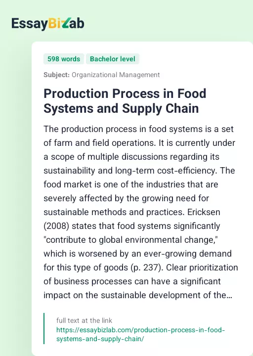 Production Process in Food Systems and Supply Chain - Essay Preview