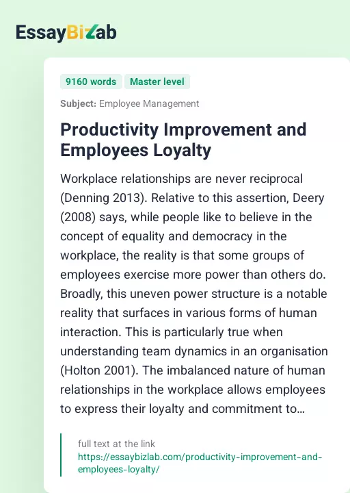 Productivity Improvement and Employees Loyalty - Essay Preview