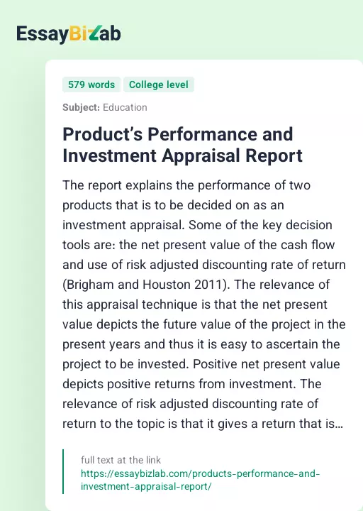 Product’s Performance and Investment Appraisal Report - Essay Preview