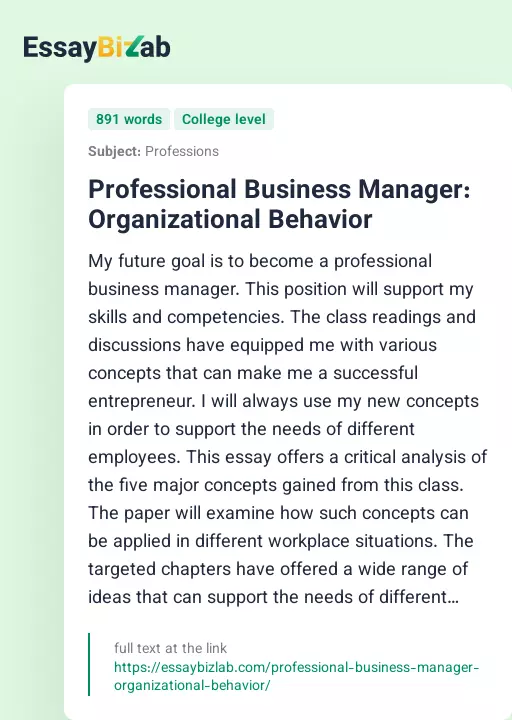 Professional Business Manager: Organizational Behavior - Essay Preview