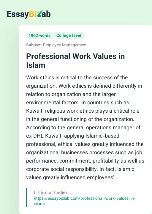 Professional Work Values in Islam - Essay Preview