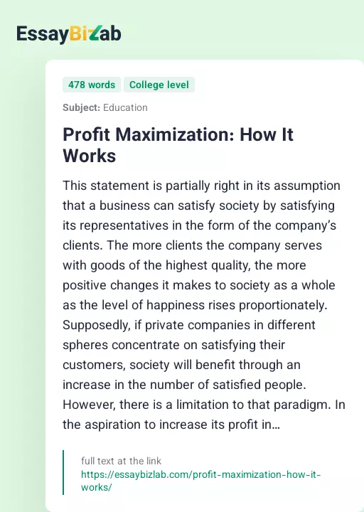 Profit Maximization: How It Works - Essay Preview