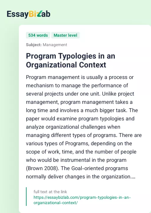 Program Typologies in an Organizational Context - Essay Preview