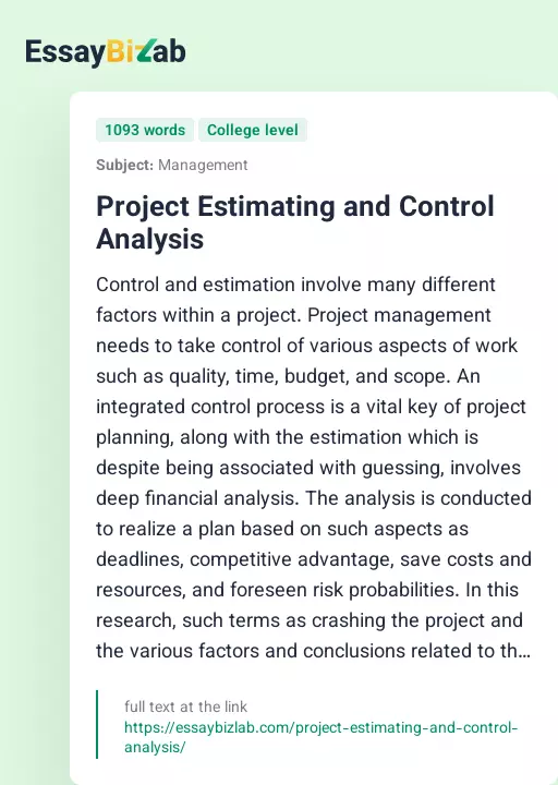 Project Estimating and Control Analysis - Essay Preview