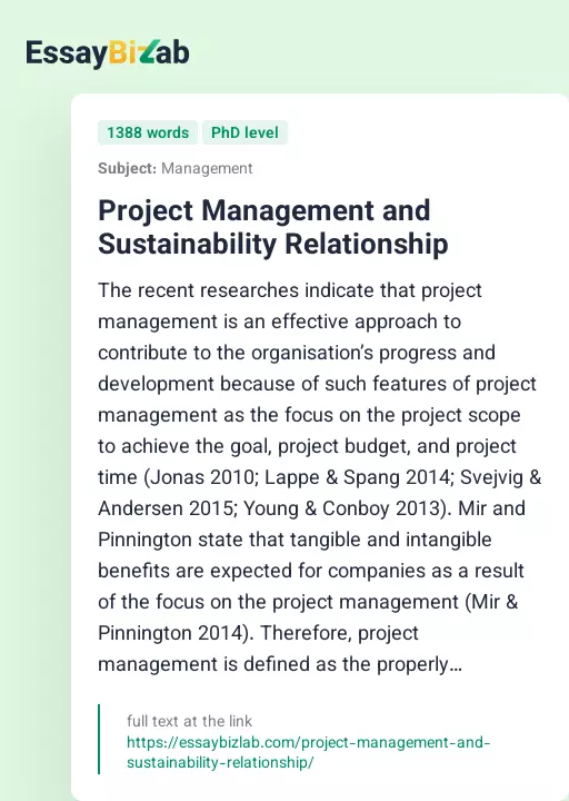 Project Management and Sustainability Relationship - Essay Preview