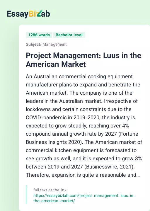 Project Management: Luus in the American Market - Essay Preview