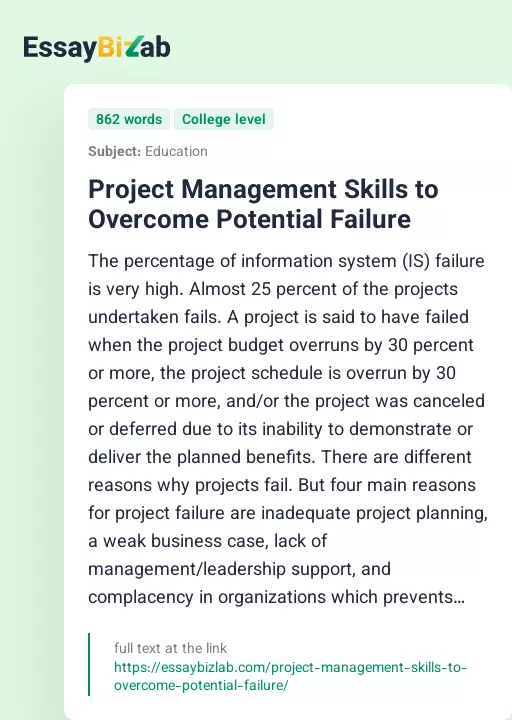 Project Management Skills to Overcome Potential Failure - Essay Preview