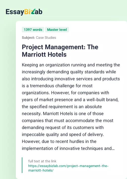 Project Management: The Marriott Hotels - Essay Preview