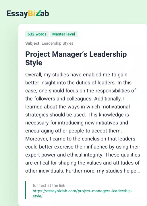 Project Manager’s Leadership Style - Essay Preview