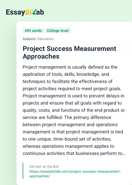 Project Success Measurement Approaches - Essay Preview