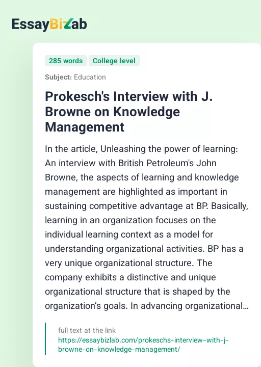 Prokesch's Interview with J. Browne on Knowledge Management - Essay Preview