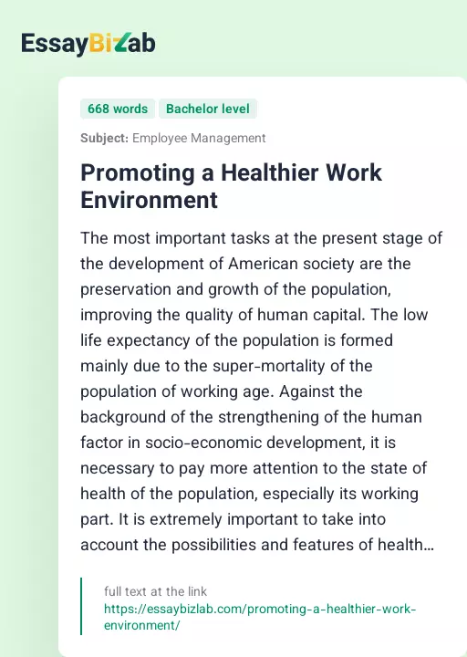 Promoting a Healthier Work Environment - Essay Preview