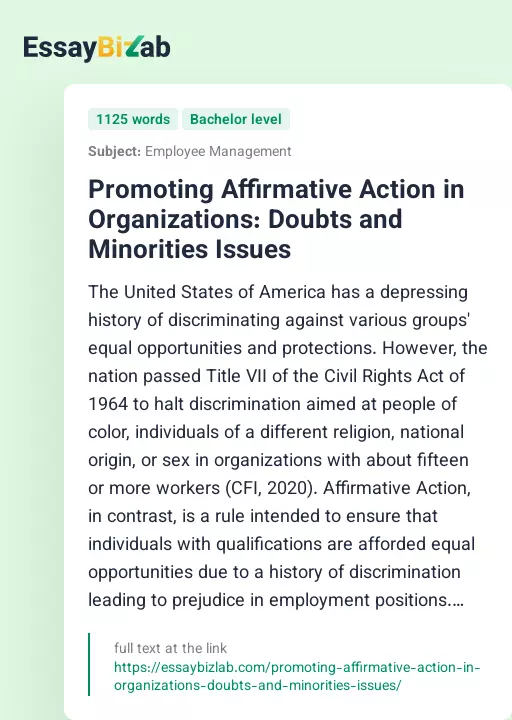 Promoting Affirmative Action in Organizations: Doubts and Minorities Issues - Essay Preview