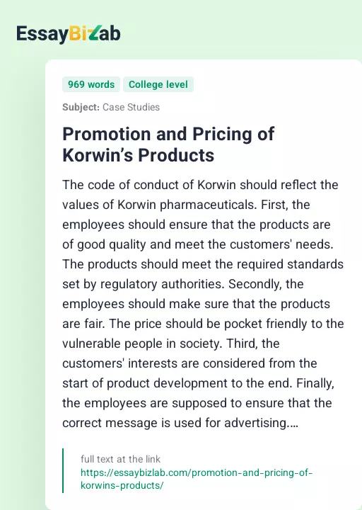 Promotion and Pricing of Korwin’s Products - Essay Preview