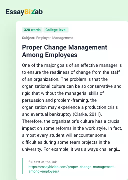Proper Change Management Among Employees - Essay Preview