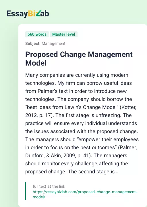 Proposed Change Management Model - Essay Preview